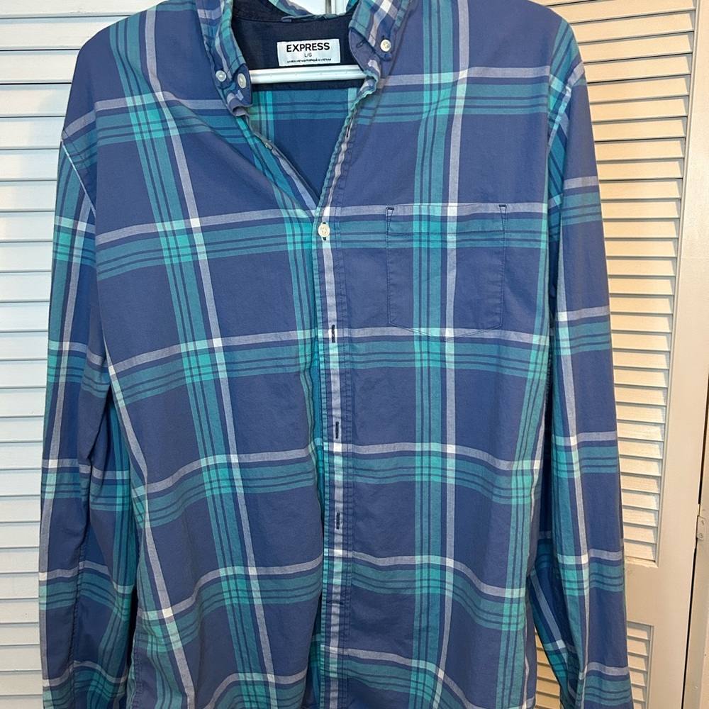 Express Blue and Green Casual Button Down Shirt